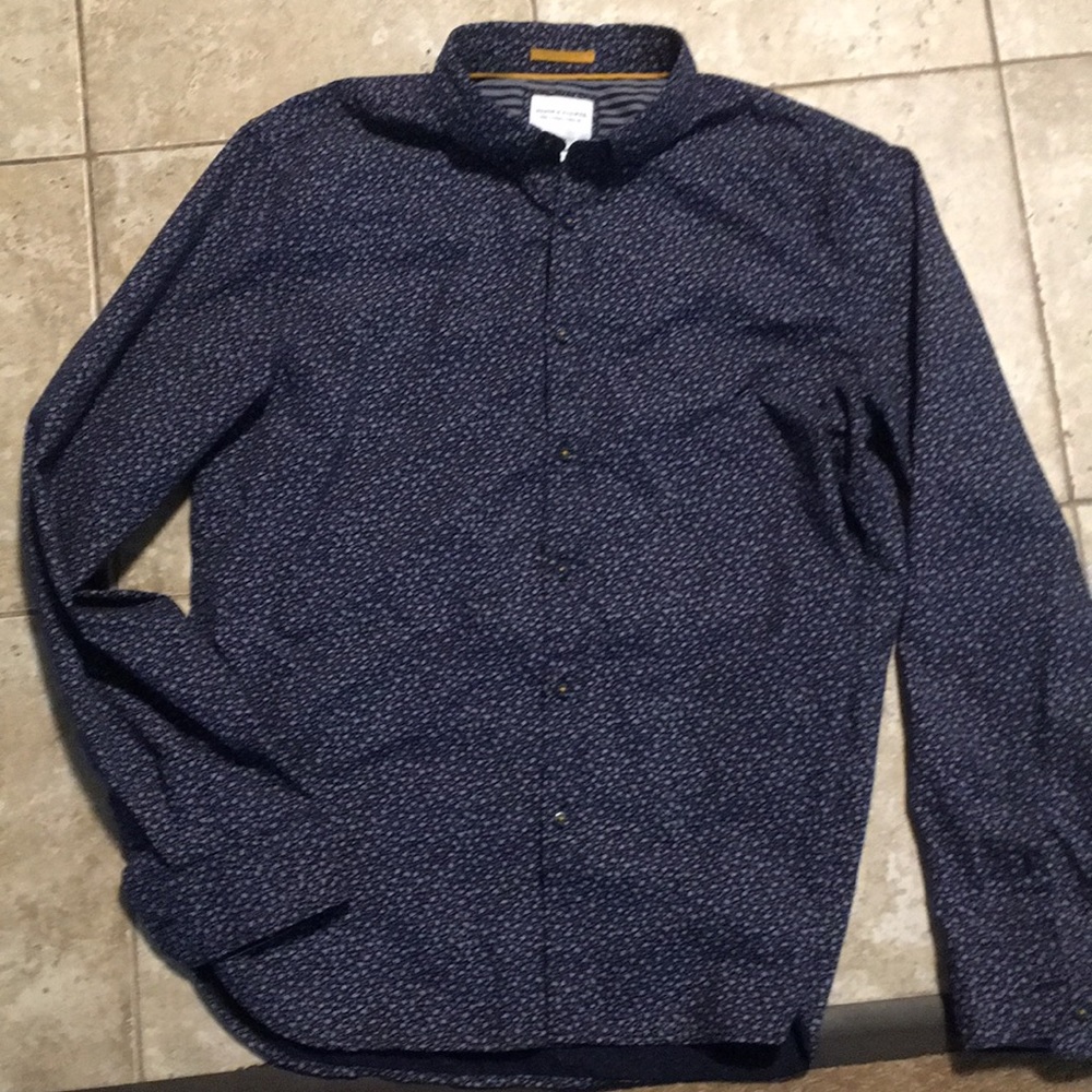 Denim & Flower Print Edition Button Down  Shirt L
